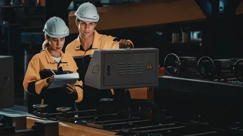 Botão de parada de emergência vermelho instalado em máquina industrial conforme exigência da NR-12