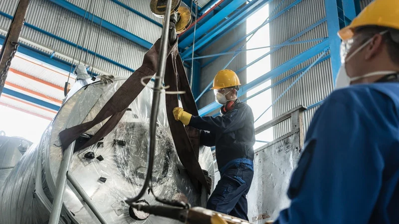 Dois engenheiros de segurança do trabalho inspecionando máquina industrial com documentação técnica conforme NR-12